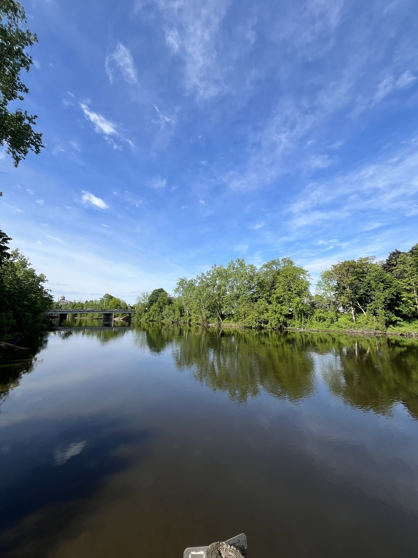 A serene river scene features calm water reflecting the clear blue sky and lush green trees along the banks.