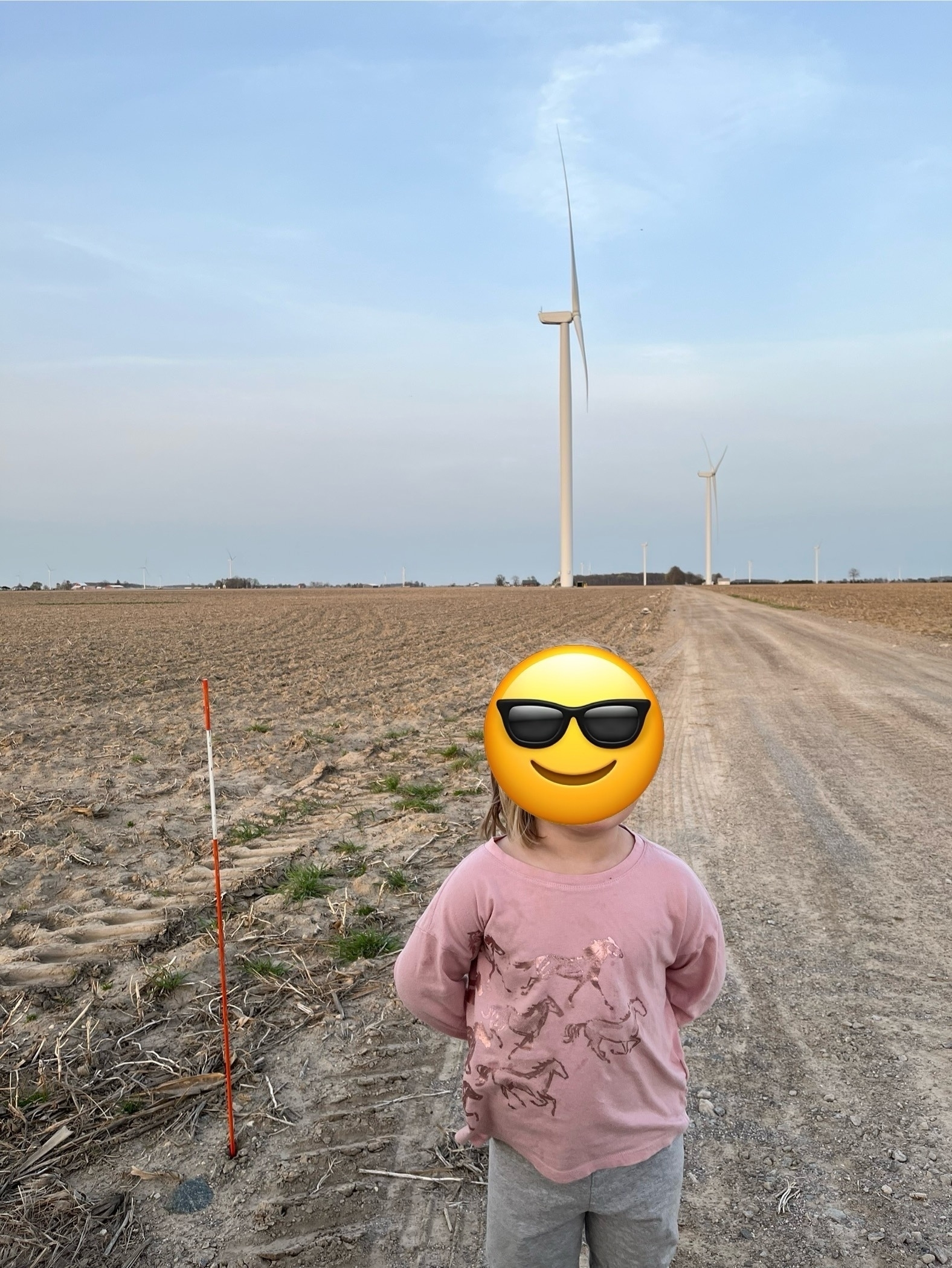 A child with a sunglasses emoji covering their face stands on a dirt path in a rural field with wind turbines in the background.
