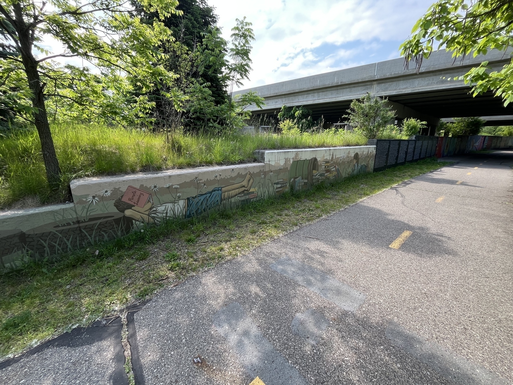 A pathway runs alongside a mural-covered wall under an overpass, surrounded by greenery and trees.
