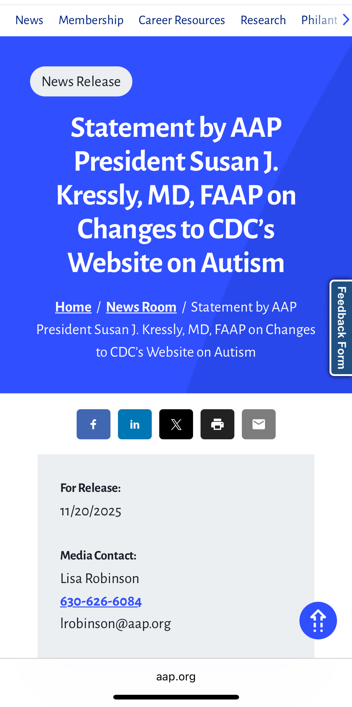 A news release from AAP President Susan J. Kressly regarding changes to the CDC’s website on autism is presented, along with contact information for Lisa Robinson.