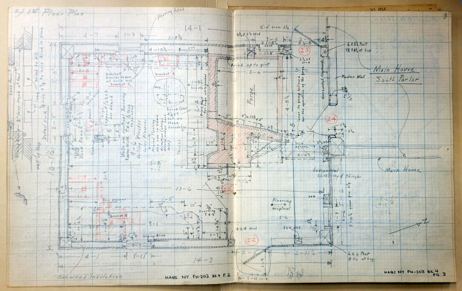 First floor plan, Clock Shop, Dominy House. Pencil drawing on paper from Field Notes, Book 4, HABS NY FN-203. Photo by Kristi Finefield, 2026 August. [www.loc.gov/pictures/...](https://www.loc.gov/pictures/collection/hh/item/ny0772/.) An architectural blueprint on graph paper labeled 1st Floor Plan from a Historic American Buildings Survey (HABS NY FN-203) record. The handwritten schematic details the floor layout of a historic structure, featuring annotated dimensions, a central forge, brick hearth, workbench placement, and rooms labeled Main House and South Parlor. Annotations note specific construction details like Seaweed insulation and structural timber posts.