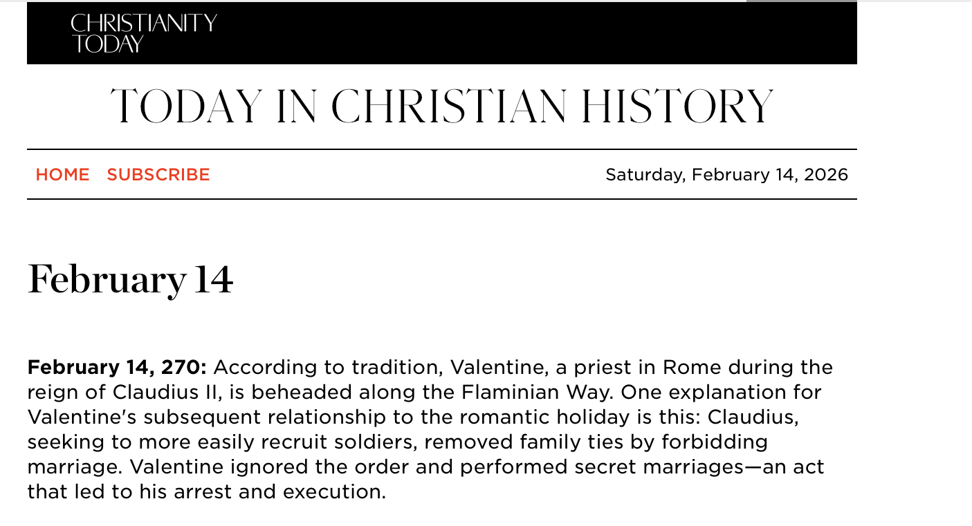Auto-generated description: The text describes the historical event where Valentine, a priest in Rome, was beheaded on February 14, 270, for performing secret marriages, leading to the romantic holiday association.