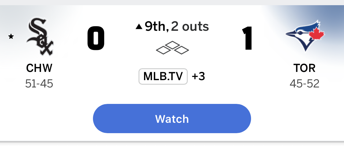 The scoreboard shows the Toronto Blue Jays leading the Chicago White Sox 1-0 in the top of the 9th inning with two outs.