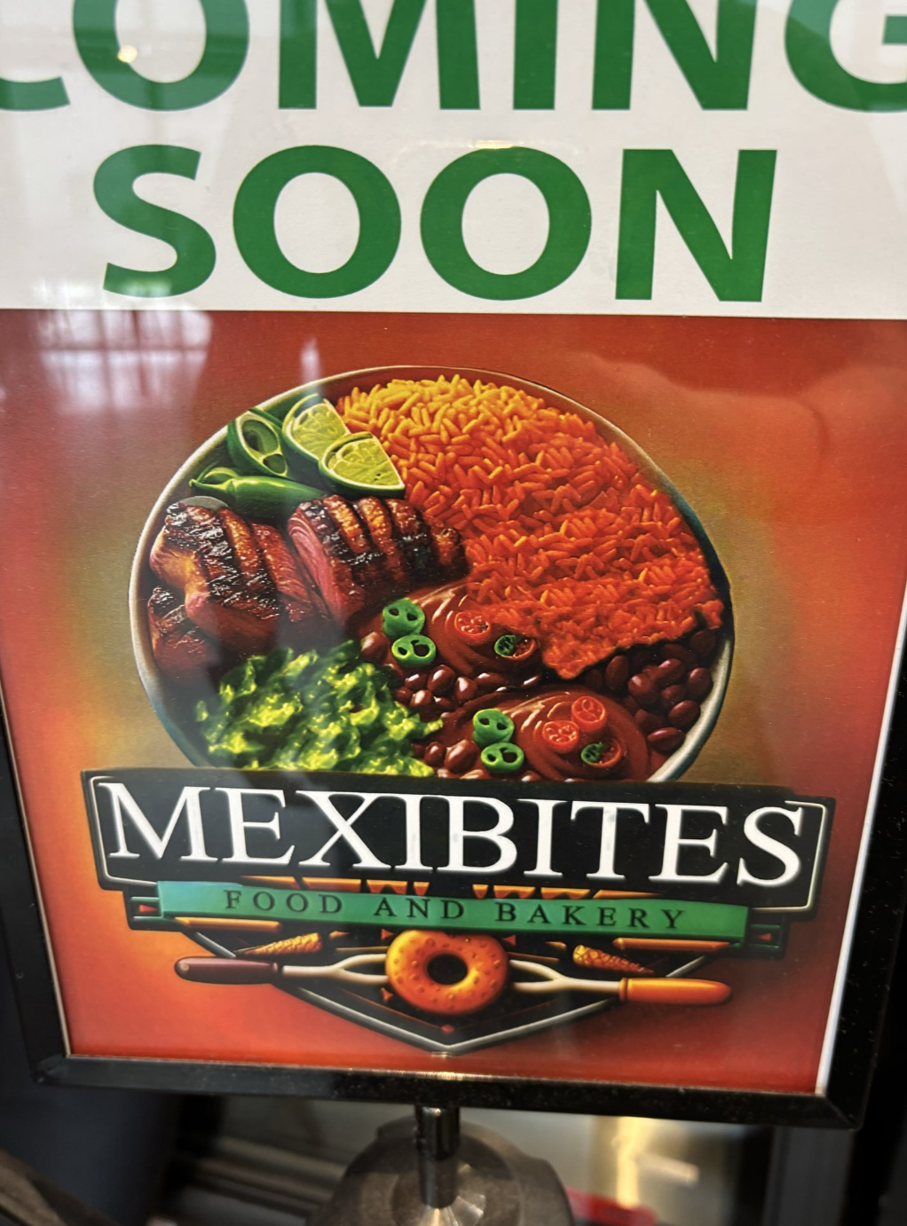 A “COMING SOON” advertisement flyer for a restaurant named “MEXIBITES FOOD AND BAKERY” featuring a central food illustration with distinct signs of AI generation. While the main text is clear, the food bowl contains several telltale AI artifacts: the orange rice has a highly uniform, fuzzy texture resembling a mossy carpet rather than individual grains; the sliced green and red chili peppers floating on the beans are rendered as mathematically perfect, hollow plastic loops and O-rings lacking organic variety; the lime wedges in the top-left are oddly geometric, with one piece morphing unnaturally into a solid green leaf-like shape; and the logo at the bottom features an impossible geometry where a cooking fork’s handle melts directly into a metallic grill frame underneath a floating, neon-orange doughnut.