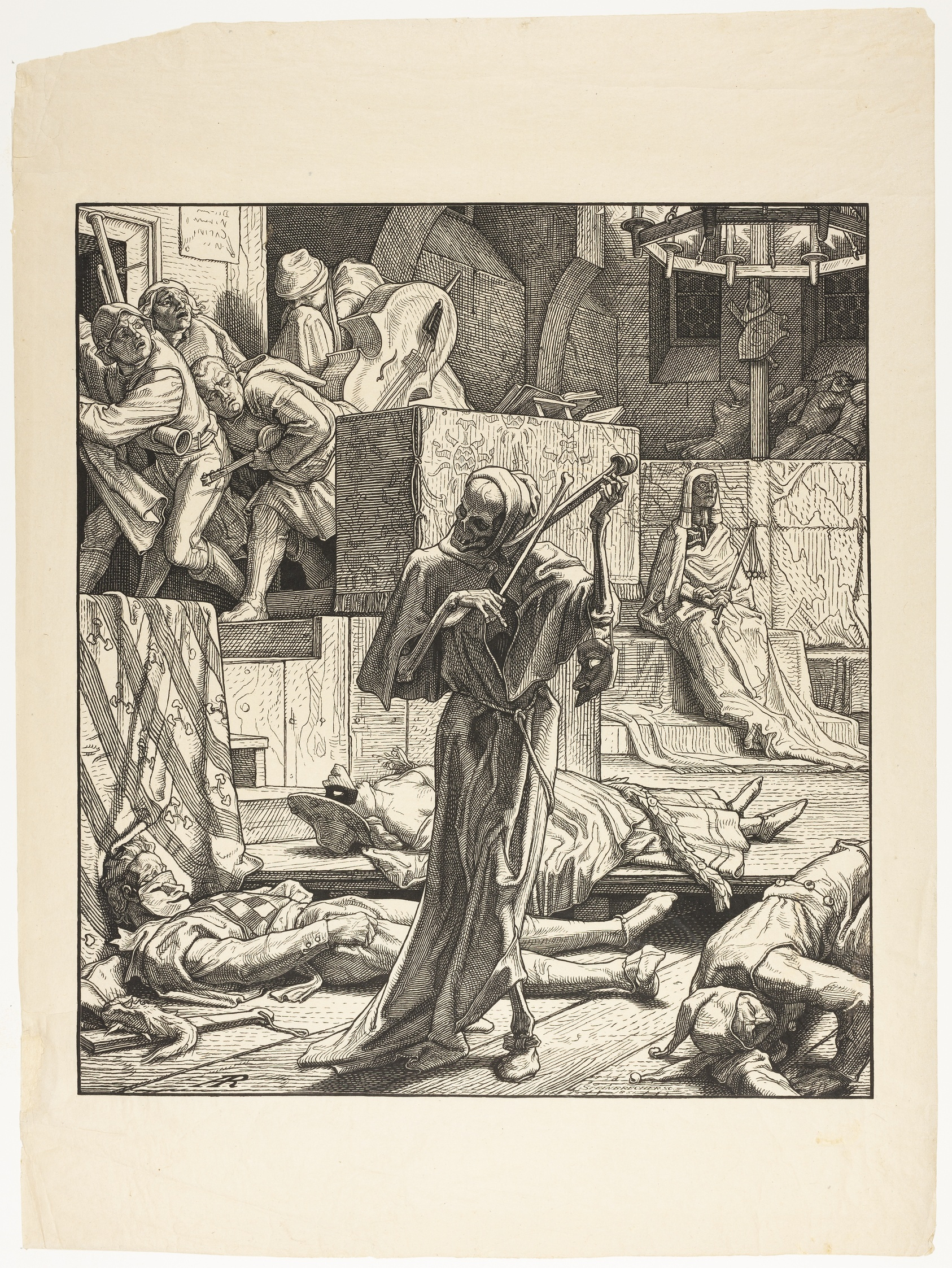 A detailed black-and-white woodcut print depicting a chaotic scene inside a ballroom. In the center stands Death, personified as a tall, robed skeleton who holds two long human bones together as if playing a violin. On the floor around him lie the collapsed, lifeless bodies of three masquerade ball attendees still dressed in their festive clothing. In the upper-left background, a band of musicians holding brass instruments flees the room in terror. In the background to the right, a grim figure representing Cholera sits ominously on a set of stairs, dressed in an exotic Egyptian-style costume.