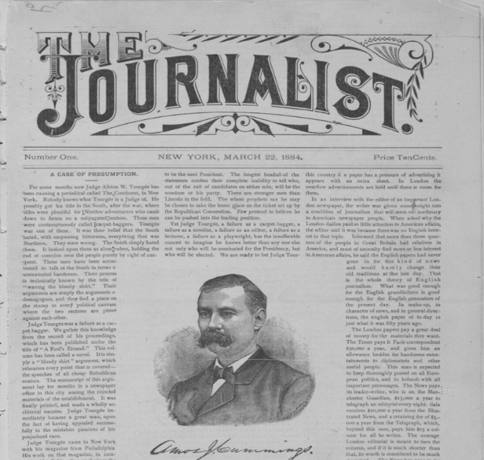 The front page of the inaugural issue of The Journalist newspaper, dated March 22, 1884, in New York, priced at Ten Cents. The ornate masthead features bold decorative typography at the top. Below, three columns of printed text frame a central engraved portrait of a man with a mustache, identified by a cursive signature underneath as Amos J. Cummings. The lead article on the left is titled A CASE OF PRESUMPTION.