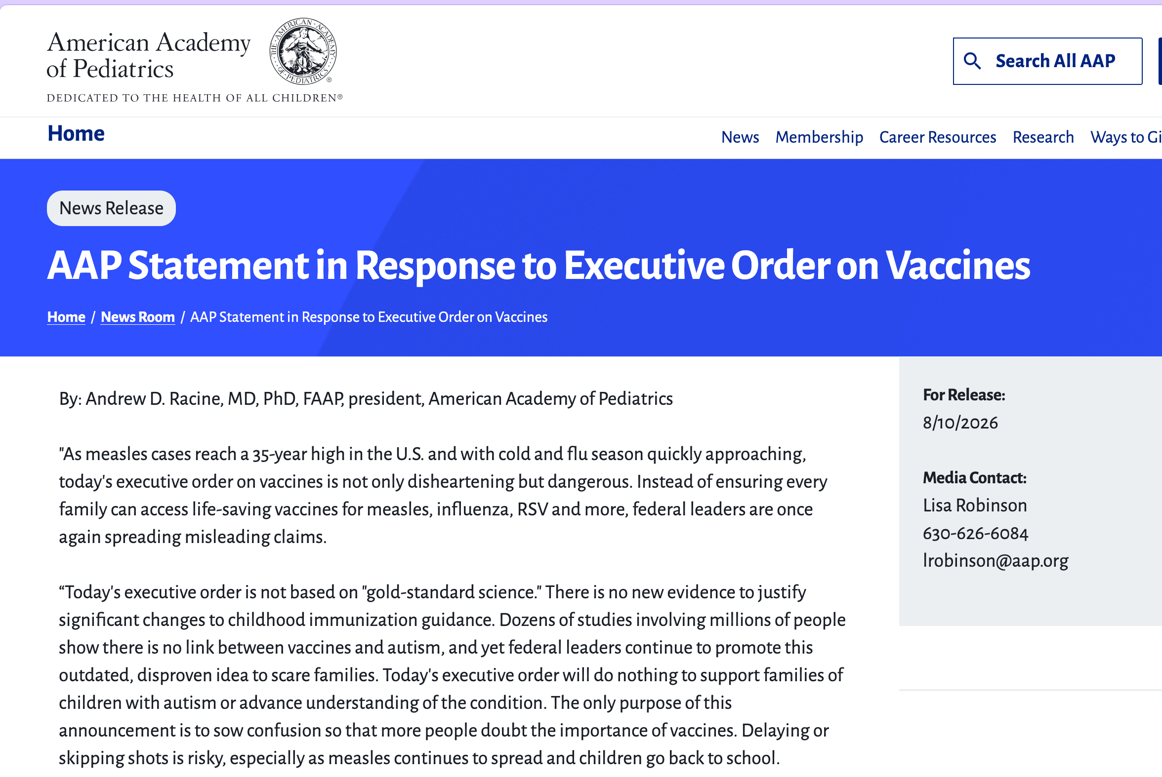 Auto-generated description: A webpage from the American Academy of Pediatrics features a news release titled AAP Statement in Response to Executive Order on Vaccines, addressing concerns about vaccine misinformation and emphasizing the importance of childhood vaccinations.