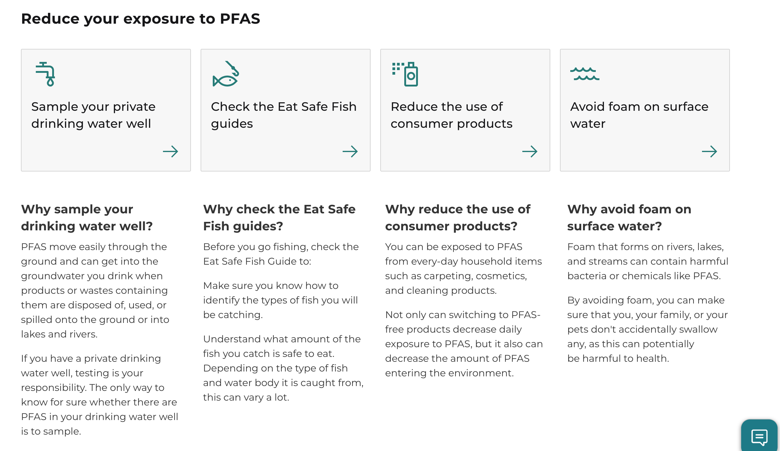Auto-generated description: The content provides four tips to reduce exposure to PFAS, including sampling private drinking water wells, checking Eat Safe Fish guides, reducing the use of consumer products, and avoiding foam on surface water.